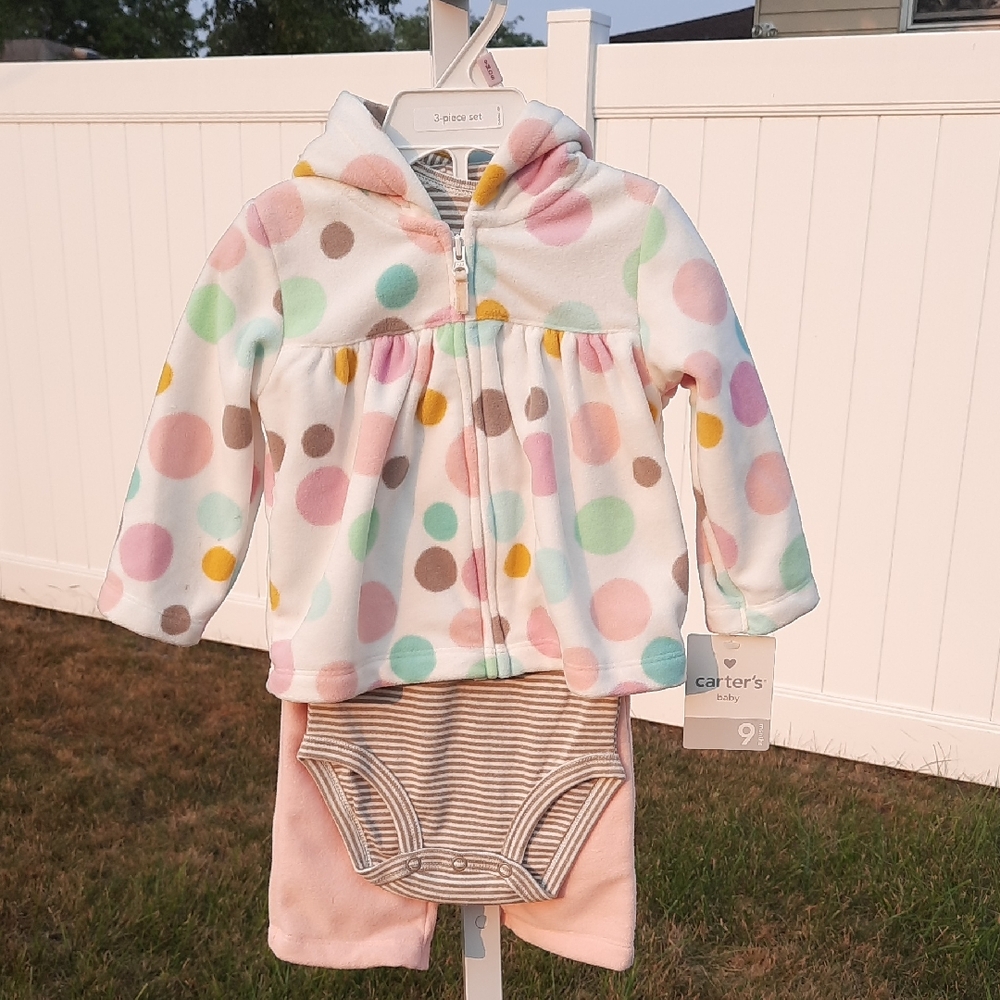 Carter's 3-Piece Set - Fleece Jacket and Pants plus Striped Onesie, 9 Months